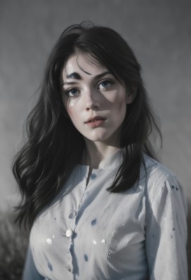 1girl,solo,long hair,breasts,looking at viewer,blue eyes,shirt,black hair,medium breasts,white shirt,upper body,parted lips,collared shirt,artist name,blurry,black eyes,lips,eyelashes,buttons,blurry background,realistic,nose,dirty,dirty face,bangs,long sleeves,teeth,tears,grey background,dirty clothes