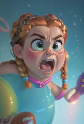 1girl,solo,long hair,blush,open mouth,brown hair,gloves,bare shoulders,jewelry,green eyes,upper body,braid,earrings,teeth,solo focus,tongue,orange hair,twin braids,collar,holding hands,fangs,blue background,child,angry,snow,freckles,snowing,female child,shouting,multiple braids,bangs,blurry