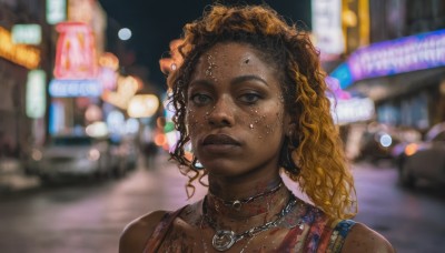 1girl,solo,long hair,looking at viewer,blonde hair,brown hair,jewelry,upper body,multicolored hair,earrings,outdoors,parted lips,choker,dark skin,medium hair,necklace,blurry,dark-skinned female,lips,tattoo,night,depth of field,blurry background,piercing,tank top,ground vehicle,portrait,motor vehicle,freckles,curly hair,city,realistic,nose,car,dirty,very dark skin,dreadlocks,brown eyes,ear piercing,road,nose piercing