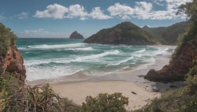 outdoors,sky,day,cloud,water,tree,blue sky,no humans,ocean,beach,cloudy sky,grass,plant,ground vehicle,nature,scenery,rock,mountain,sand,horizon,road,summer,bicycle,waves,landscape,shore