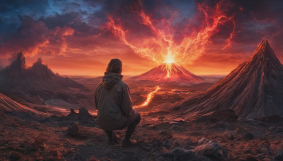 1girl, solo, 1boy, boots, outdoors, sky, cloud, hood, from behind, squatting, hood down, cloudy sky, scenery, mountain, lightning, red sky