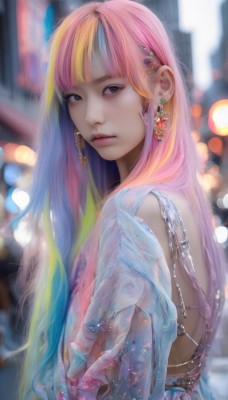 1girl,solo,long hair,looking at viewer,bangs,blonde hair,dress,jewelry,closed mouth,upper body,pink hair,multicolored hair,earrings,blunt bangs,blurry,black eyes,two-tone hair,lips,see-through,gradient hair,makeup,depth of field,blurry background,gem,backless outfit,realistic,nose,rainbow hair,hair ornament,blue hair,outdoors,artist name,from side,streaked hair,looking to the side,grey eyes,eyelashes,watermark,expressionless,web address,bokeh