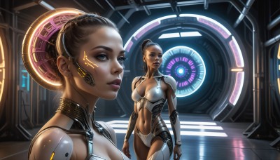 HQ,1girl,solo,breasts,looking at viewer,short hair,blue eyes,brown hair,black hair,navel,cleavage,medium breasts,standing,parted lips,dark skin,hair bun,armor,dark-skinned female,lips,bodysuit,reflection,science fiction,realistic,zoom layer,cyborg,cyberpunk,multiple girls,2girls,jewelry,earrings,makeup,facial mark,single hair bun,nose,android,robot joints,very dark skin,hologram