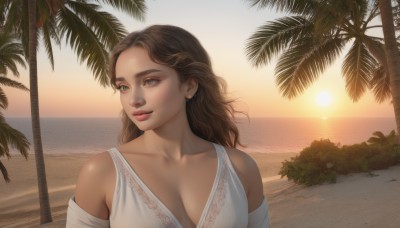 1girl,solo,long hair,breasts,smile,blue eyes,large breasts,brown hair,dress,cleavage,bare shoulders,jewelry,medium breasts,closed mouth,green eyes,collarbone,upper body,earrings,outdoors,water,white dress,tree,lips,looking to the side,ocean,wavy hair,beach,sunlight,sunset,realistic,nose,sand,palm tree,sun,parted lips,sky