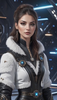 1girl,solo,long hair,breasts,looking at viewer,brown hair,brown eyes,jewelry,jacket,upper body,earrings,parted lips,belt,lips,coat,fur trim,makeup,forehead,eyeshadow,science fiction,realistic,nose,red lips,medium breasts,ponytail,artist name,cropped jacket,fur collar