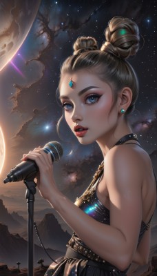 1girl,solo,breasts,looking at viewer,short hair,open mouth,blue eyes,blonde hair,brown hair,dress,holding,bare shoulders,jewelry,upper body,earrings,parted lips,sky,teeth,sleeveless,belt,hair bun,black dress,lips,double bun,makeup,night,moon,single hair bun,lipstick,gem,star (sky),microphone,starry sky,mountain,realistic,nose,music,red lips,holding microphone,singing,forehead jewel,planet,microphone stand,shooting star,black hair,choker,artist name,nail polish,from side,eyelashes,sleeveless dress,facial mark,night sky,eyeshadow,forehead mark