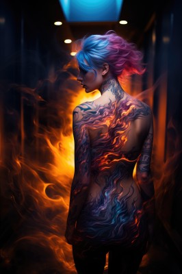 1girl,solo,short hair,blue hair,standing,pink hair,ass,nude,multicolored hair,cowboy shot,dark skin,from behind,tattoo,gradient hair,back,fire,smoke,nose,arm tattoo,back tattoo,fiery hair,full-body tattoo,purple hair,lips,profile,glowing hair