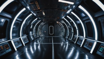 no humans,window,night,building,scenery,reflection,science fiction,city,cityscape,cable,skyscraper,city lights,cockpit,indoors,realistic,tiles,space,tile floor,spacecraft,reflective floor,screen