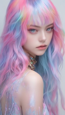 1girl,solo,long hair,looking at viewer,bangs,blue eyes,simple background,white background,bare shoulders,jewelry,closed mouth,blue hair,upper body,pink hair,multicolored hair,choker,looking back,grey background,necklace,from side,lips,eyelashes,gradient hair,makeup,wavy hair,gem,eyeshadow,pink lips,realistic,nose,rainbow hair,artist name,grey eyes,expressionless