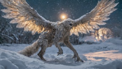 solo,open mouth,tail,outdoors,wings,sky,teeth,blurry,tree,no humans,night,depth of field,glowing,sharp teeth,star (sky),nature,feathered wings,claws,snow,monster,snowing,winter,talons,moon,night sky,scenery,full moon