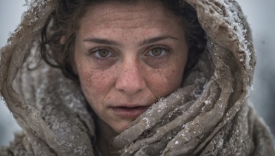 1girl,solo,looking at viewer,short hair,brown hair,1boy,brown eyes,closed mouth,male focus,parted lips,hood,water,blurry,lips,eyelashes,depth of field,blurry background,portrait,close-up,hood up,freckles,realistic,nose,straight-on,black hair,gloves,white gloves,scar,snow