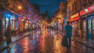 1girl, long hair, short hair, brown hair, shirt, black hair, 1boy, holding, outdoors, sky, pants, bag, tree, dutch angle, night, plant, building, night sky, scenery, reflection, walking, city, sign, road, lamppost, street, shop, pavement, vanishing point