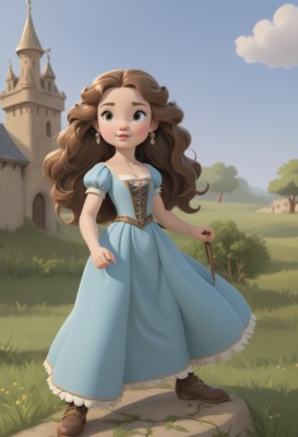 1girl,solo,long hair,looking at viewer,smile,brown hair,dress,holding,brown eyes,jewelry,closed mouth,standing,collarbone,full body,flower,short sleeves,earrings,outdoors,sky,shoes,day,puffy sleeves,cloud,tree,blue sky,puffy short sleeves,lips,blue dress,brown footwear,grass,building,child,corset,freckles,wand,female child,house,castle,stick,holding stick,breasts,blush,cleavage,small breasts,parted lips,artist name,wavy hair,thick eyebrows,walking,long dress