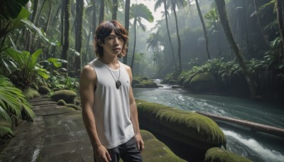 1girl,solo,looking at viewer,short hair,brown hair,shirt,black hair,1boy,brown eyes,jewelry,standing,white shirt,male focus,outdoors,sleeveless,pants,dark skin,water,necklace,tree,lips,tank top,plant,nature,scenery,forest,jeans,rock,realistic,arms at sides,river