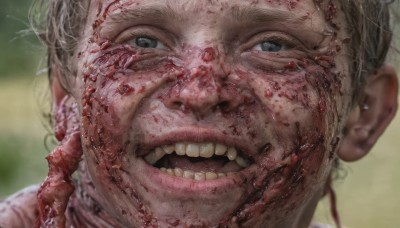 solo,looking at viewer,smile,open mouth,blue eyes,1boy,male focus,teeth,blurry,grey eyes,blood,depth of field,blurry background,portrait,close-up,blood on face,realistic,old,horror (theme),guro,black eyes,veins