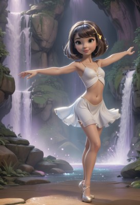 1girl,solo,breasts,looking at viewer,smile,short hair,bangs,skirt,brown hair,hair ornament,navel,bare shoulders,brown eyes,standing,full body,hairband,small breasts,outdoors,parted lips,midriff,artist name,miniskirt,armpits,water,high heels,dark-skinned female,lips,see-through,white skirt,outstretched arms,rock,star hair ornament,spread arms,waterfall,collarbone,shoes,bare arms,bare legs,watermark,white footwear,tiptoes