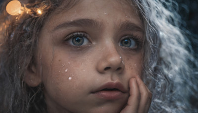 1girl, solo, long hair, looking at viewer, brown eyes, closed mouth, parted lips, lips, eyelashes, portrait, close-up, hand on own face, freckles, realistic, nose