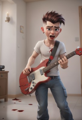 solo,looking at viewer,short hair,open mouth,brown hair,shirt,1boy,holding,brown eyes,jewelry,standing,white shirt,short sleeves,male focus,multicolored hair,earrings,teeth,belt,pants,indoors,blood,fangs,denim,t-shirt,instrument,jeans,blood on face,door,music,guitar,stud earrings,blood on clothes,playing instrument,holding instrument,aged down,undercut,electric guitar