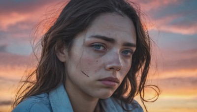 1girl,solo,long hair,looking at viewer,blue eyes,brown hair,black hair,closed mouth,outdoors,sky,cloud,blurry,lips,blurry background,cloudy sky,messy hair,portrait,freckles,sunset,realistic,nose,shirt,expressionless,dirty,dirty face