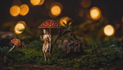 1girl,solo,long hair,breasts,skirt,brown hair,dress,holding,bare shoulders,outdoors,barefoot,blurry,tree,depth of field,blurry background,plant,nature,scenery,forest,fantasy,mushroom,moss,blonde hair,closed mouth,standing,signature,grass,rock,wide shot