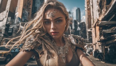 1girl,solo,long hair,breasts,looking at viewer,blue eyes,blonde hair,cleavage,jewelry,medium breasts,closed mouth,upper body,earrings,outdoors,parted lips,sky,solo focus,day,artist name,necklace,armor,blurry,lips,eyelashes,tank top,ground vehicle,wind,shoulder armor,building,motor vehicle,pauldrons,circlet,city,realistic,nose,fantasy,car,shoulder pads,road