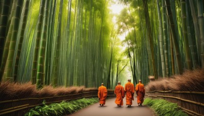 long sleeves,hat,standing,male focus,outdoors,japanese clothes,multiple boys,day,kimono,from behind,sunlight,grass,nature,scenery,forest,walking,6+boys,4boys,light rays,bamboo,bamboo forest,orange kimono,2boys,tree,siblings,3boys,road,brothers,dougi,path