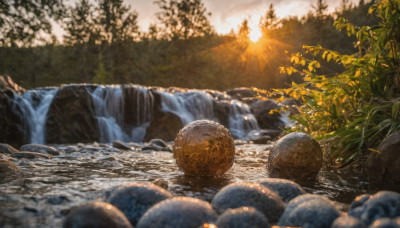 outdoors, sky, day, cloud, water, blurry, tree, no humans, leaf, sunlight, plant, nature, scenery, rock, mountain, sun, river, waterfall