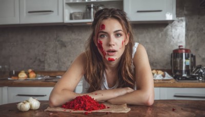 1girl,solo,long hair,looking at viewer,smile,open mouth,blue eyes,brown hair,shirt,white shirt,upper body,parted lips,food,sleeveless,indoors,blurry,lips,blood,fruit,blurry background,crossed arms,table,tank top,knife,plate,freckles,blood on face,realistic,white tank top,dirty,kitchen,sink,potato,cutting board,teeth,tongue,tongue out,petals,bowl,nose,food on face