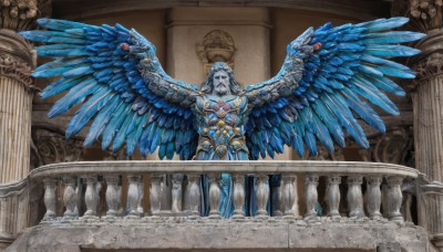 solo,looking at viewer,1boy,standing,male focus,wings,indoors,outstretched arms,gem,feathered wings,stairs,blue skin,spread arms,pillar,statue,blue wings,multiple wings,multicolored wings,column,long hair,armor,no humans,colored skin,feathers,angel wings,spread wings,blue feathers