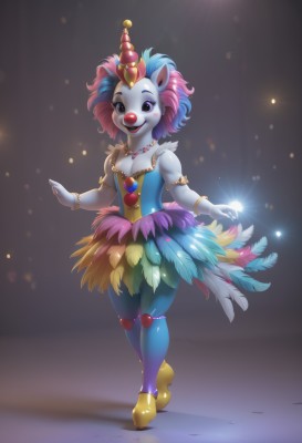 1girl,solo,breasts,looking at viewer,smile,short hair,open mouth,hat,dress,animal ears,cleavage,bare shoulders,jewelry,blue hair,standing,collarbone,tail,full body,pink hair,heart,pantyhose,multicolored hair,small breasts,artist name,necklace,bracelet,makeup,colored skin,crossed legs,feathers,crown,lipstick,gem,furry,armlet,furry female,tutu,teeth,two-tone hair,sparkle,mask,dancing,clown