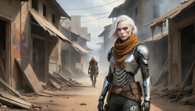 HQ,1girl,looking at viewer,short hair,blue eyes,gloves,1boy,standing,weapon,white hair,outdoors,sky,solo focus,day,belt,pants,fingerless gloves,medium hair,scarf,armor,lips,gun,bodysuit,blood,scar,shoulder armor,building,scar on face,walking,science fiction,breastplate,city,sign,realistic,ruins,power armor,cyberpunk,rubble,post-apocalypse,signature,gauntlets,dirty,orange scarf