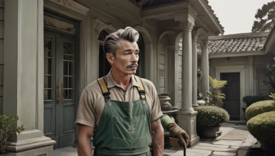 solo,smile,short hair,open mouth,shirt,black hair,gloves,1boy,white shirt,upper body,white hair,short sleeves,grey hair,male focus,multicolored hair,outdoors,day,collared shirt,indoors,apron,two-tone hair,facial hair,scar,plant,beard,brown gloves,single glove,mustache,door,potted plant,overalls,old,old man,cane,statue,flower pot,green apron,wrinkled skin,building,realistic,architecture