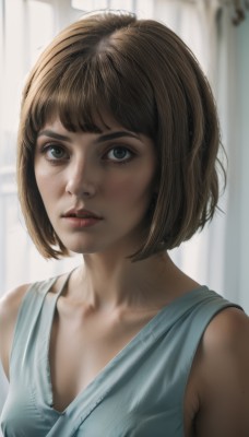 1girl,solo,breasts,looking at viewer,short hair,bangs,blue eyes,brown hair,shirt,bare shoulders,collarbone,upper body,small breasts,parted lips,sleeveless,blunt bangs,blurry,lips,sleeveless shirt,blurry background,bob cut,tank top,freckles,realistic,nose,dress,brown eyes,eyelashes,watermark,portrait