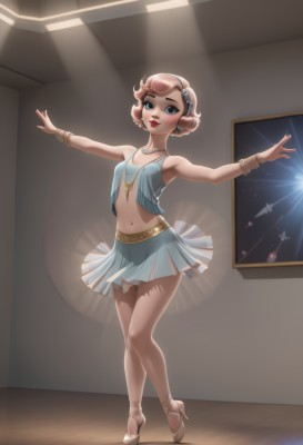 1girl,solo,breasts,looking at viewer,smile,short hair,blue eyes,skirt,hair ornament,navel,bare shoulders,jewelry,standing,full body,pink hair,hairband,earrings,small breasts,midriff,indoors,miniskirt,necklace,high heels,bracelet,lips,see-through,makeup,outstretched arms,lipstick,spread arms,ballerina,ballet slippers,tutu,blush,brown hair,crop top,dancing,tiptoes,ballet