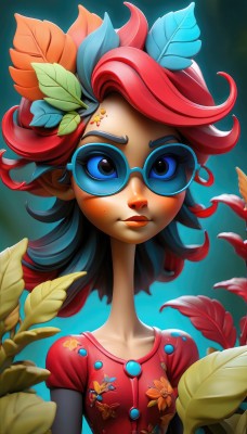 1girl,solo,breasts,looking at viewer,short hair,blue eyes,shirt,hair ornament,blue hair,collarbone,upper body,flower,short sleeves,red hair,multicolored hair,small breasts,parted lips,glasses,artist name,two-tone hair,lips,eyelashes,gradient hair,makeup,buttons,leaf,watermark,sunglasses,bug,plant,lipstick,butterfly,red shirt,web address,eyeshadow,freckles,nose,print shirt,tinted eyewear,leaf hair ornament,mascara,long hair,pink hair,hair flower,star (symbol),facial mark,curly hair