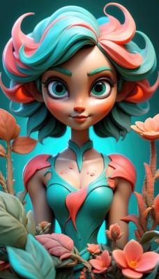 1girl,solo,breasts,looking at viewer,smile,short hair,bangs,dress,cleavage,medium breasts,closed mouth,green eyes,blue hair,collarbone,upper body,pink hair,flower,red hair,multicolored hair,small breasts,green hair,artist name,armor,two-tone hair,aqua eyes,lips,streaked hair,gradient,petals,gradient background,eyelashes,aqua hair,makeup,leaf,watermark,blue background,thick eyebrows,plant,lipstick,pink flower,eyeshadow,freckles,nose,arms at sides,vines,straight-on,mascara,blue eyes,web address,aqua dress