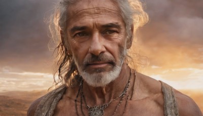 solo,looking at viewer,1boy,brown eyes,jewelry,closed mouth,collarbone,upper body,white hair,male focus,outdoors,sky,cloud,necklace,facial hair,portrait,beard,realistic,mustache,manly,old,old man,desert,lips,scar,cloudy sky,scar on face,close-up,sunset