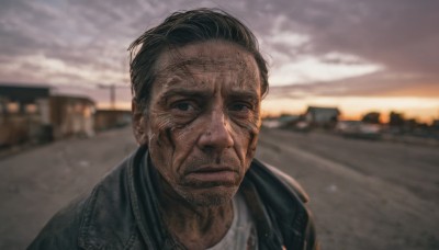 solo,looking at viewer,short hair,shirt,black hair,1boy,closed mouth,jacket,white shirt,upper body,male focus,outdoors,sky,cloud,blurry,black eyes,black jacket,blurry background,facial hair,scar,portrait,scar on face,realistic,stubble,photo background,cloudy sky,sunset,leather,leather jacket,grey sky