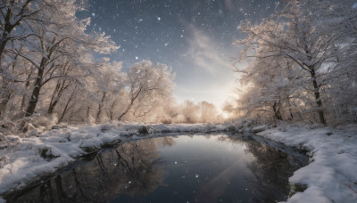 outdoors, sky, cloud, water, tree, no humans, night, star (sky), night sky, scenery, snow, starry sky, reflection, winter, bare tree