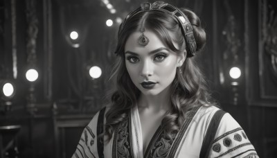 1girl,solo,long hair,looking at viewer,bangs,hair ornament,jewelry,closed mouth,monochrome,upper body,greyscale,earrings,hair bun,blurry,lips,eyelashes,makeup,blurry background,lipstick,portrait,curly hair,realistic,nose,cleavage,collarbone,parted lips,indoors,depth of field,gem,freckles,forehead jewel