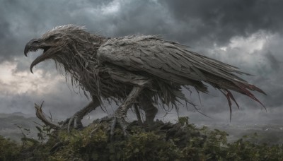 open mouth,outdoors,wings,sky,teeth,day,cloud,tree,no humans,bird,cloudy sky,sharp teeth,nature,scenery,forest,monster,fantasy,solo,from side,grass,mountain,dragon,fog,grey sky