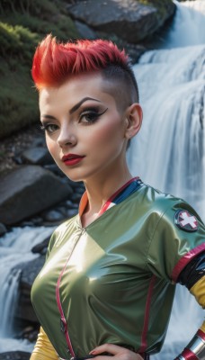 1girl,solo,breasts,looking at viewer,short hair,black hair,long sleeves,brown eyes,jewelry,medium breasts,jacket,upper body,red hair,multicolored hair,earrings,outdoors,parted lips,teeth,artist name,water,nail polish,blurry,black eyes,two-tone hair,lips,fingernails,hand on hip,eyelashes,makeup,blurry background,piercing,lipstick,ear piercing,eyeshadow,zipper,freckles,rock,green jacket,realistic,nose,red lips,stud earrings,eyeliner,very short hair,undercut,hair slicked back,river,waterfall,mascara,smile,scar,hands on hips,mohawk