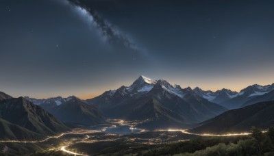 outdoors,sky,cloud,tree,no humans,night,star (sky),nature,night sky,scenery,forest,starry sky,sunset,mountain,landscape,mountainous horizon,sunrise,hill,city,river,city lights