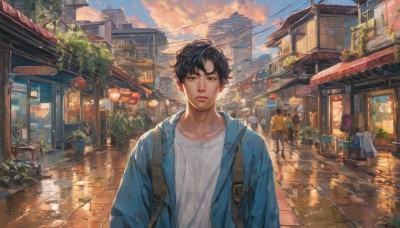 looking at viewer,short hair,bangs,shirt,black hair,1boy,brown eyes,standing,collarbone,jacket,white shirt,upper body,male focus,outdoors,multiple boys,open clothes,sky,solo focus,cloud,hood,bag,black eyes,open jacket,tree,lips,dutch angle,sunlight,backpack,cloudy sky,plant,blue jacket,ground vehicle,building,scenery,motor vehicle,reflection,walking,sunset,lantern,city,sign,car,potted plant,road,house,power lines,street,paper lantern,utility pole,shop,town,people,pavement,storefront,multiple girls,parted lips,day,blue sky,window,child,6+boys,realistic,fantasy,male child,vanishing point