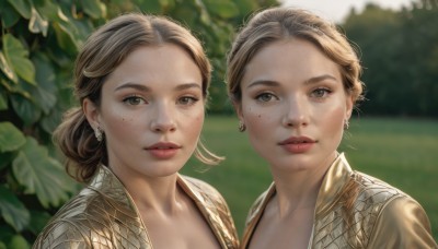 looking at viewer,short hair,multiple girls,blonde hair,brown hair,2girls,brown eyes,jewelry,closed mouth,upper body,earrings,outdoors,parted lips,day,blurry,lips,depth of field,blurry background,siblings,sisters,portrait,freckles,realistic,bangs,mole,leaf,expressionless,nature,forehead,red lips