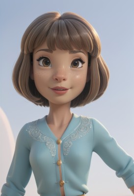 1girl,solo,breasts,looking at viewer,smile,short hair,bangs,simple background,brown hair,shirt,white background,brown eyes,upper body,small breasts,parted lips,belt,lips,gradient,gradient background,eyelashes,buttons,blue background,bob cut,thick eyebrows,blue shirt,freckles,nose,open mouth,sky,teeth,blue sky,blouse,realistic