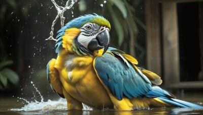 HQ,solo,looking at viewer,yellow eyes,wings,looking back,artist name,water,from behind,blurry,pokemon (creature),no humans,blurry background,bird,animal,watermark,feathers,plant,partially submerged,realistic,animal focus,splashing,beak,open mouth,outdoors,wet,web address,water drop