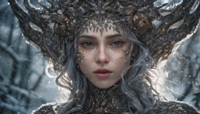 1girl,solo,long hair,looking at viewer,blue eyes,grey hair,outdoors,parted lips,horns,artist name,armor,blurry,tree,lips,grey eyes,eyelashes,depth of field,blurry background,watermark,portrait,web address,snow,close-up,snowing,realistic,fantasy,red lips,teeth,signature,makeup,freckles,nose,branch,winter,bare tree