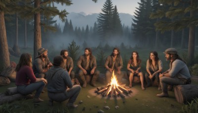 long hair,breasts,multiple girls,brown hair,shirt,black hair,hat,holding,cleavage,sitting,jacket,weapon,outdoors,food,multiple boys,open clothes,barefoot,pants,tree,gun,facial hair,grass,fire,denim,nature,beard,sleeves rolled up,forest,6+boys,jeans,rock,mountain,realistic,mustache,log,campfire,smile,2girls,boots,sky,belt,3girls,necklace,bag,vest,squatting,brown jacket,bandana,chest hair