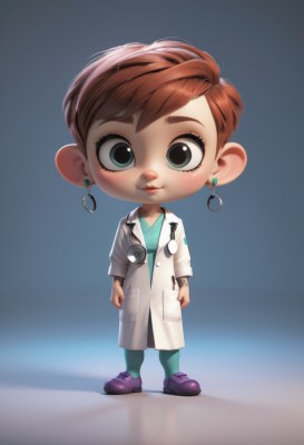 1girl,solo,looking at viewer,smile,short hair,brown hair,shirt,jewelry,green eyes,standing,full body,earrings,shoes,pants,chibi,lips,freckles,hoop earrings,labcoat,stethoscope,doctor,blue eyes,red hair,artist name,eyelashes,thick eyebrows,child,nose,female child